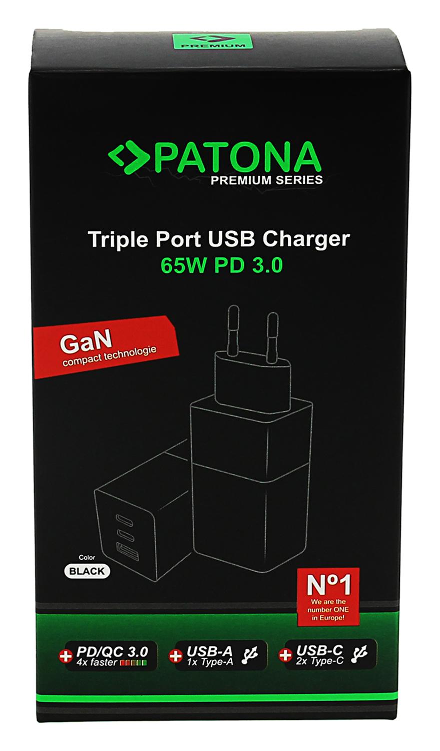 PATONA Premium GaN PD65W Adapter schwarz 2 x USB‑C 1 x USB‑A PD3.0 QC3.0