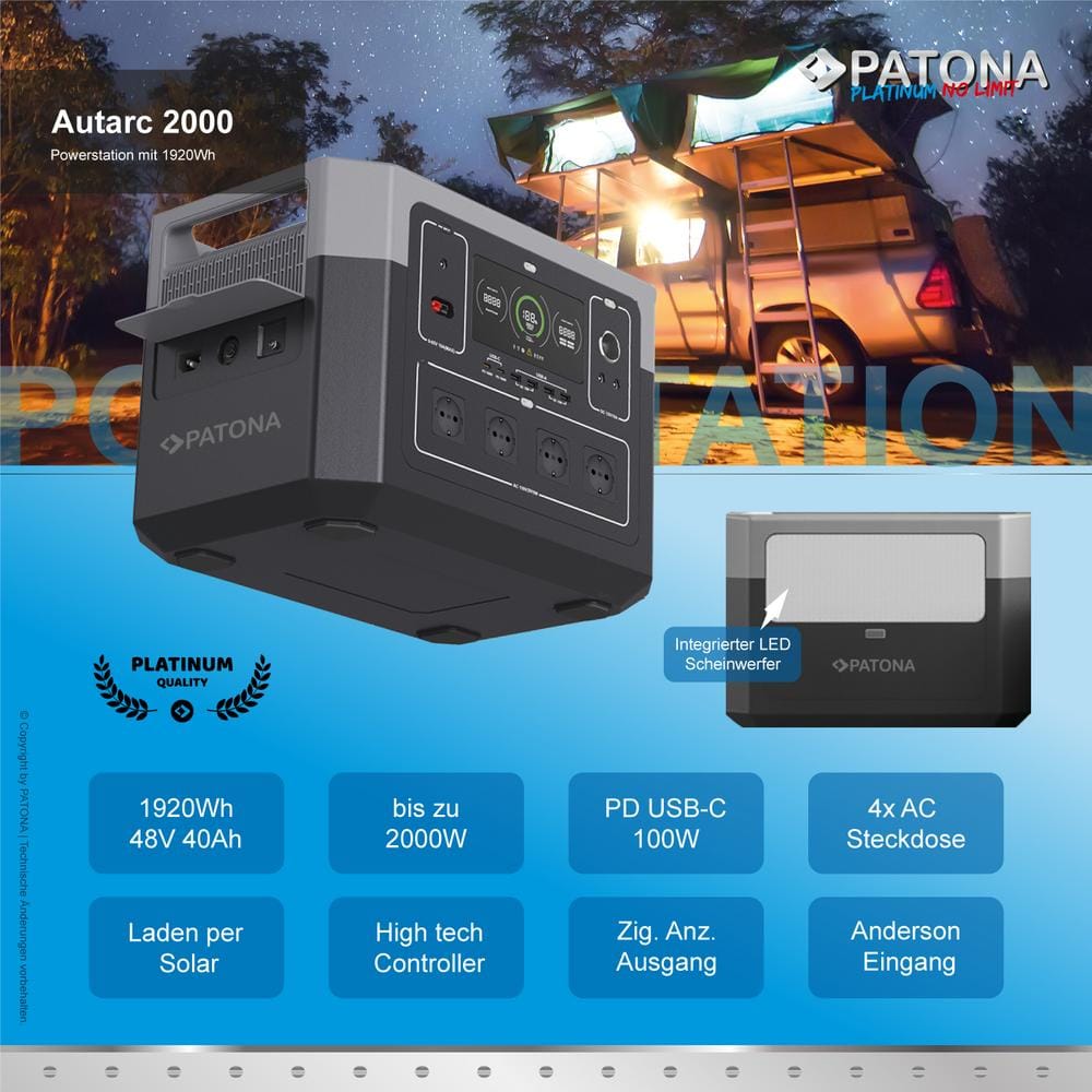 PATONA Platinum Powerstation Autarc 2000 2000W 1920Wh PD 100W USB 5V 3A DC 12V 10A DC5525 PATONA Platinum Powerstation Autarc 2000 2000W 1920Wh PD 100W USB 5V 3A DC 12V 10A DC5525