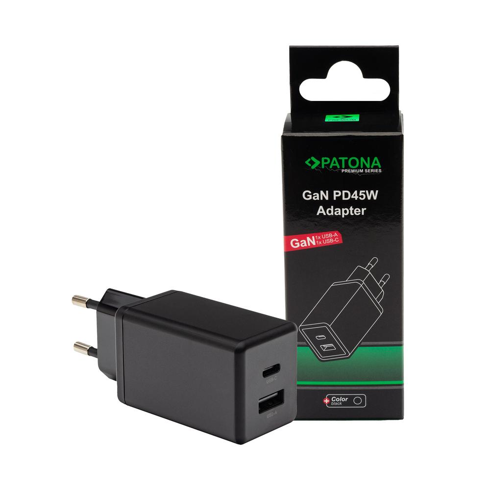 PATONA Premium GaN PD45W Adapter schwarz 1x USB-C 1x USB-A PD3.0 QC3.0
