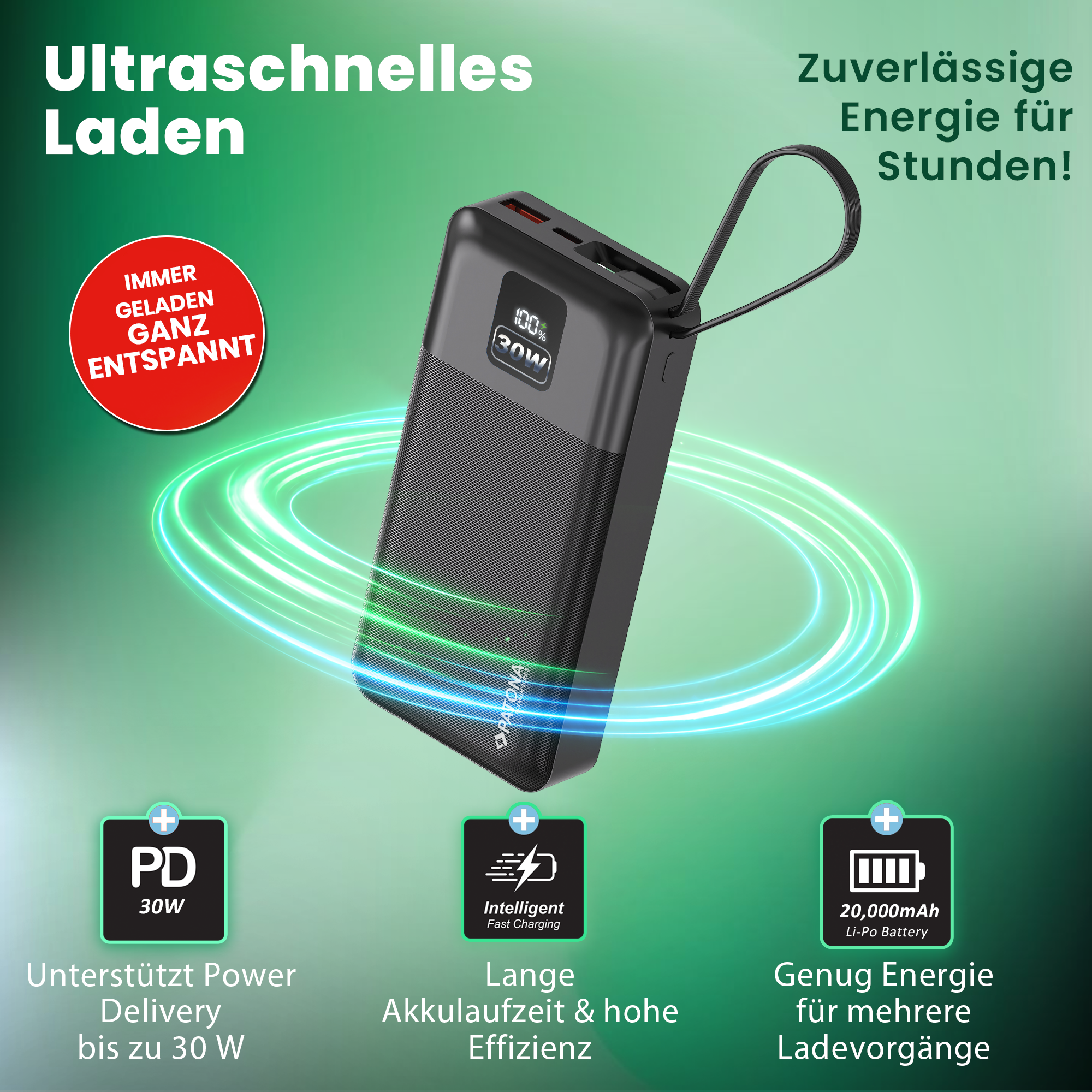 PATONA Premium Powerbank Stark 6.0 PD 30 W 20.000 mAh mit integriertem USB-C-Kabel