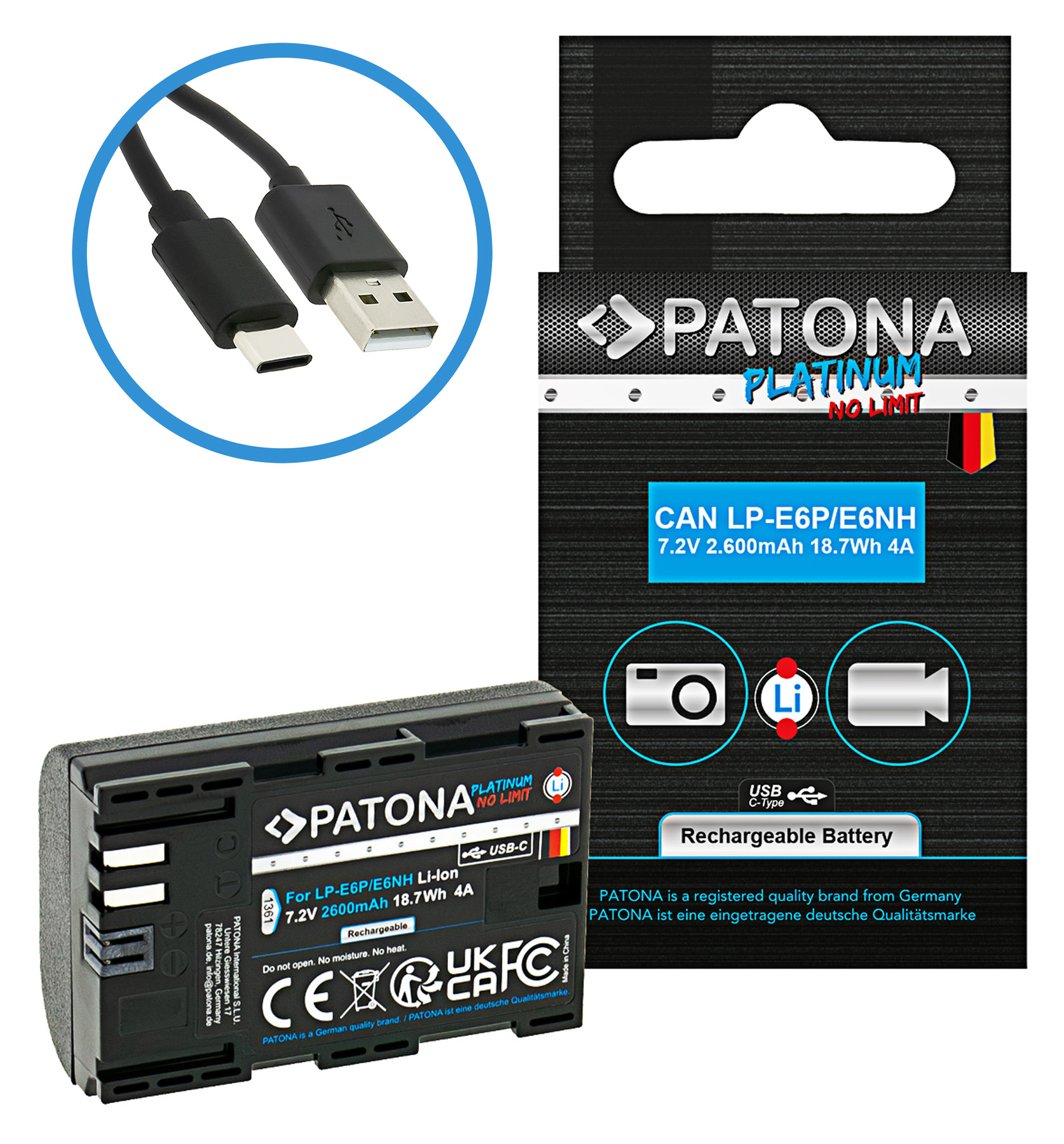 PATONA Platinum Akku mit USB‑C Input für Canon EOS R5 Mark II LP‑E6P LP‑E6NH LP‑E6N LP‑E6