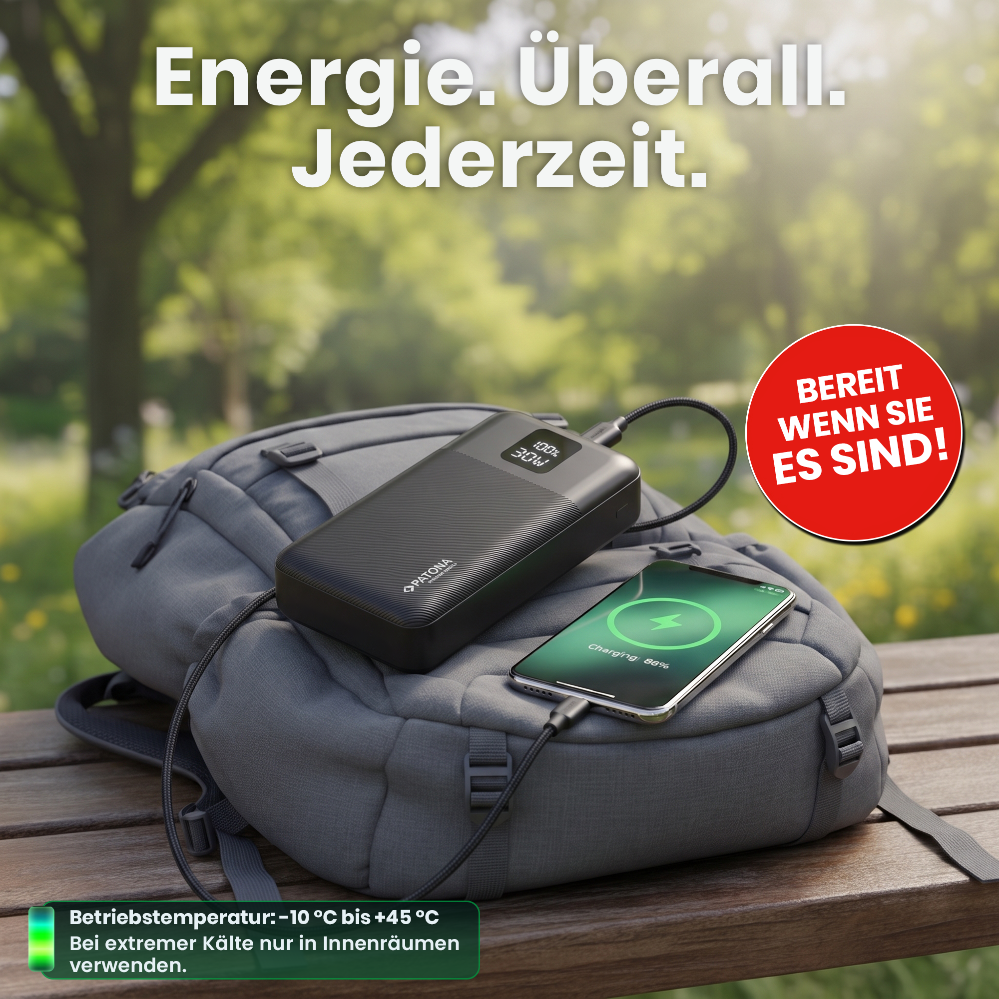 PATONA Premium Powerbank Stark 6.0 PD 30 W 20.000 mAh mit integriertem USB-C-Kabel PATONA Premium Powerbank Stark 6.0 PD 30 W 20.000 mAh mit integriertem USB-C-Kabel