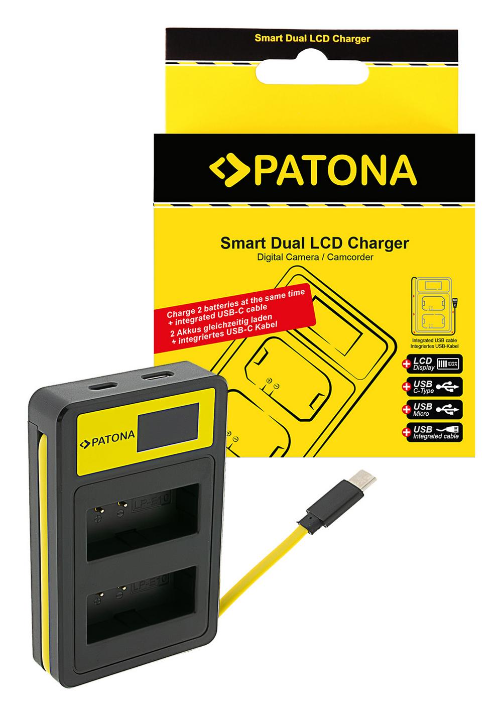 PATONA Smart Dual LCD USB Ladegerät für Canon LP‑E10 EOS EOS1100D EOS‑1100D Rebel T3 Kiss X50