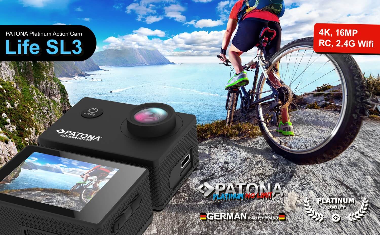 PATONA Platinum Action Cam Life SL3 4K 120fps 16mp 120° 4G+IR RC Wifi APP viel Zubehör
