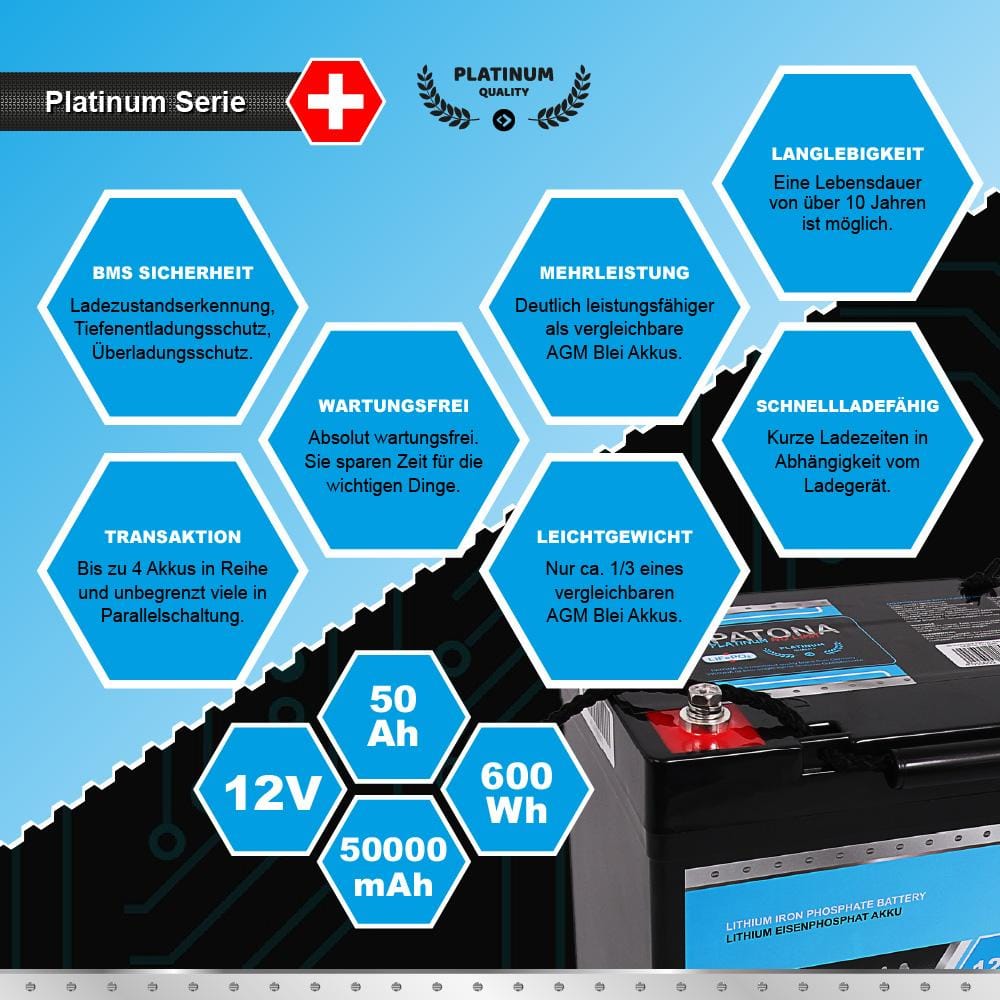 PATONA Platinum LiFePO4 12V 50Ah 600Wh 50 000 mAh Akku für Caravan, Boote, Solarsysteme, Gabelstapler und Elektrofahrzeuge