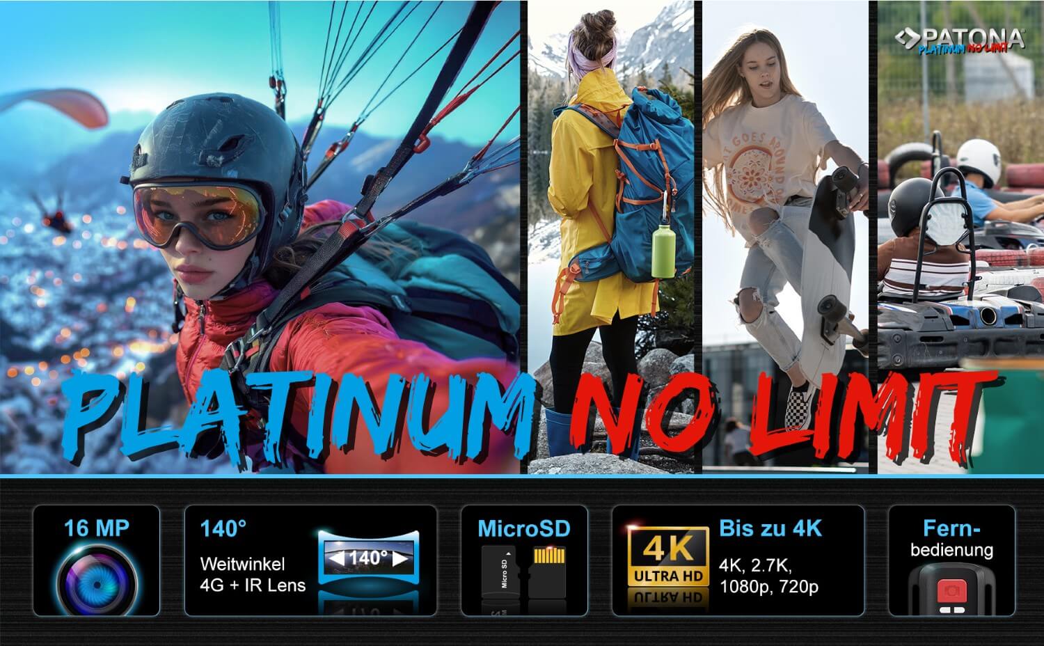 PATONA Platinum Action Cam Life SL3 4K 120fps 16mp 120° 4G+IR RC Wifi APP viel Zubehör