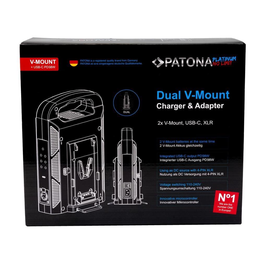 PATONA Platinum 2‑Kanal Ladegerät für V‑Mount Akkus 6A×2 USB‑C PD100W inkl. 4‑Pin XLR Kabel