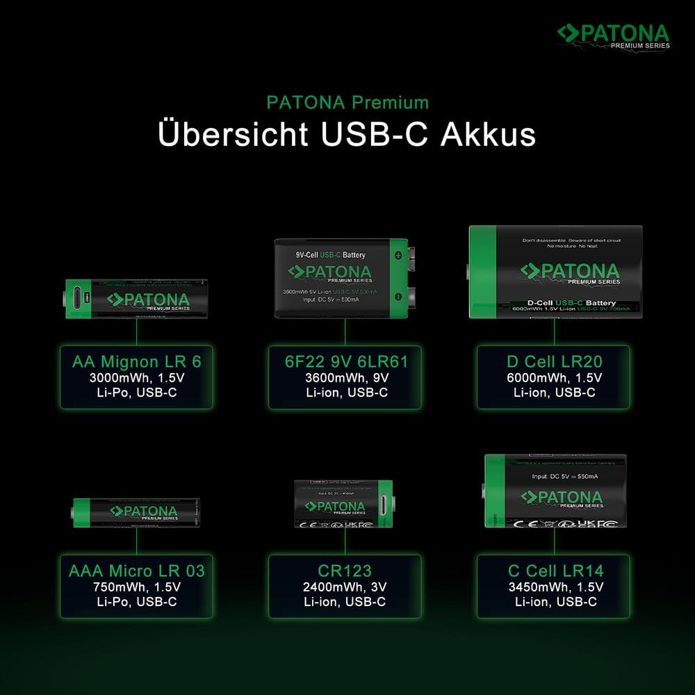 PATONA Premium USB‑C 2‑x LR14 Baby C Akkus Lithium 3450 mWh 1.5 V inkl. 1‑zu‑2 USB‑C Ladekabel PATONA Premium USB‑C 2‑x LR14 Baby C Akkus Lithium 3450 mWh 1.5 V inkl. 1‑zu‑2 USB‑C Ladekabel