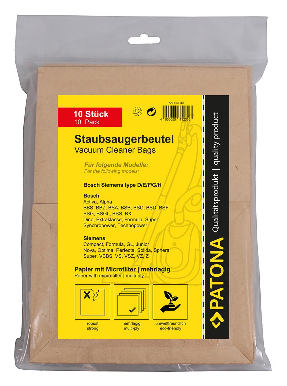 PATONA 10 Staubsaugerbeutel mehrlagig Papier inkl. Microfilter für Bosch Typ D E F G PATONA 10 Staubsaugerbeutel mehrlagig Papier inkl. Microfilter für Bosch Typ D E F G