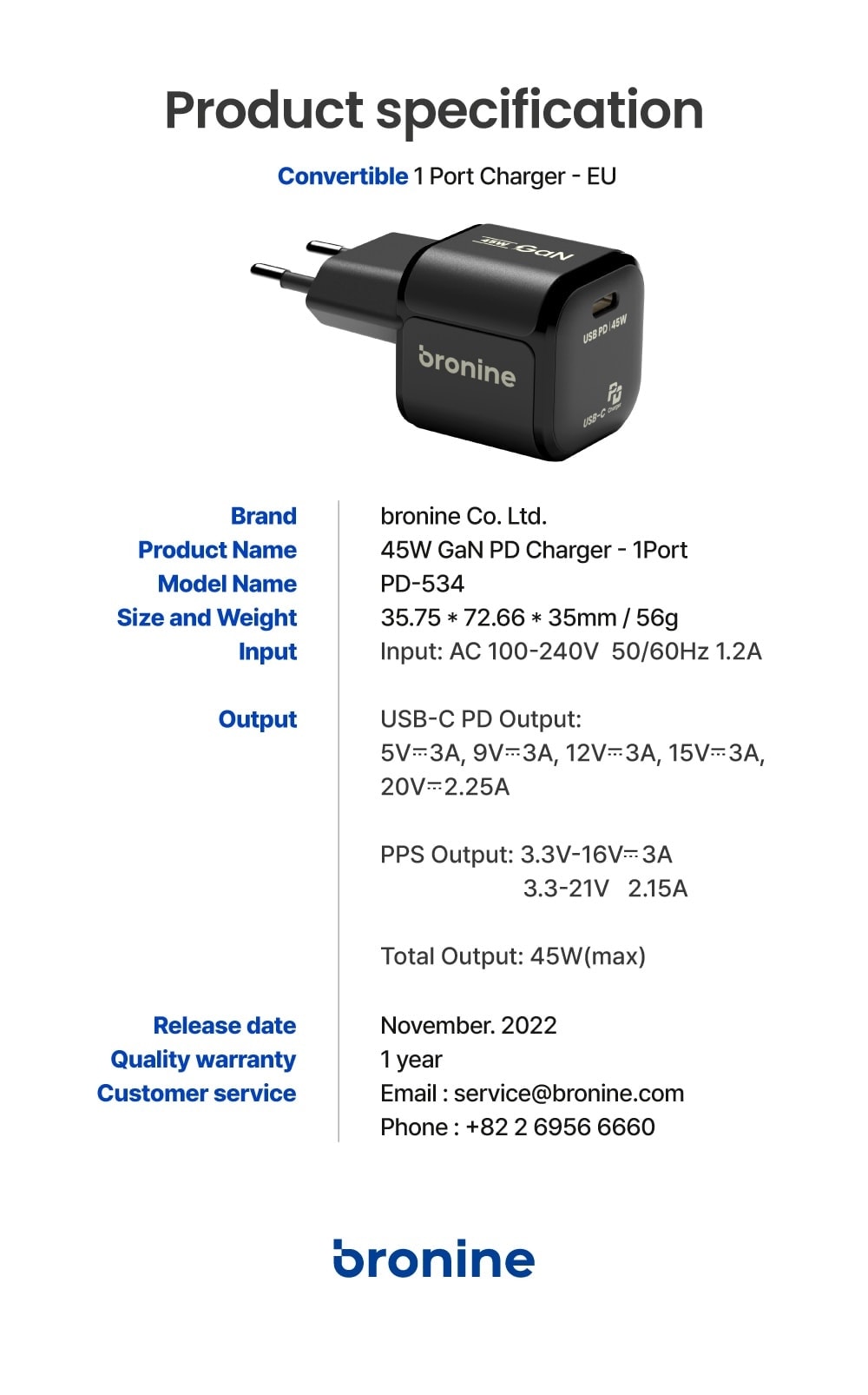 Bronine 1 Port Ladegerät USB-C 45W GaN PD für EU Bronine 1 Port Ladegerät USB-C 45W GaN PD für EU