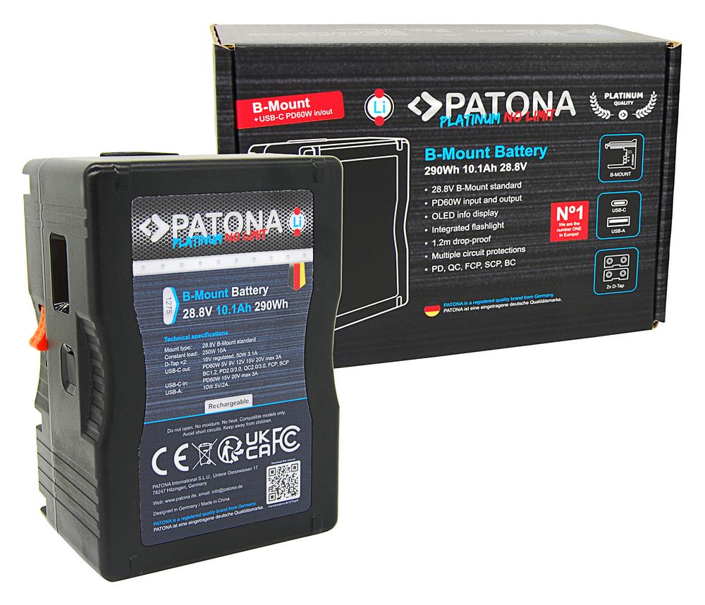 PATONA Platinum B-Mount Akku 290 Wh 10,1 Ah inkl. USB-C PD 60 W In‑ und Output, 2 × D‑Tap 16 V – passend für Blackmagic URSA Cine und ARRI ALEXA 35