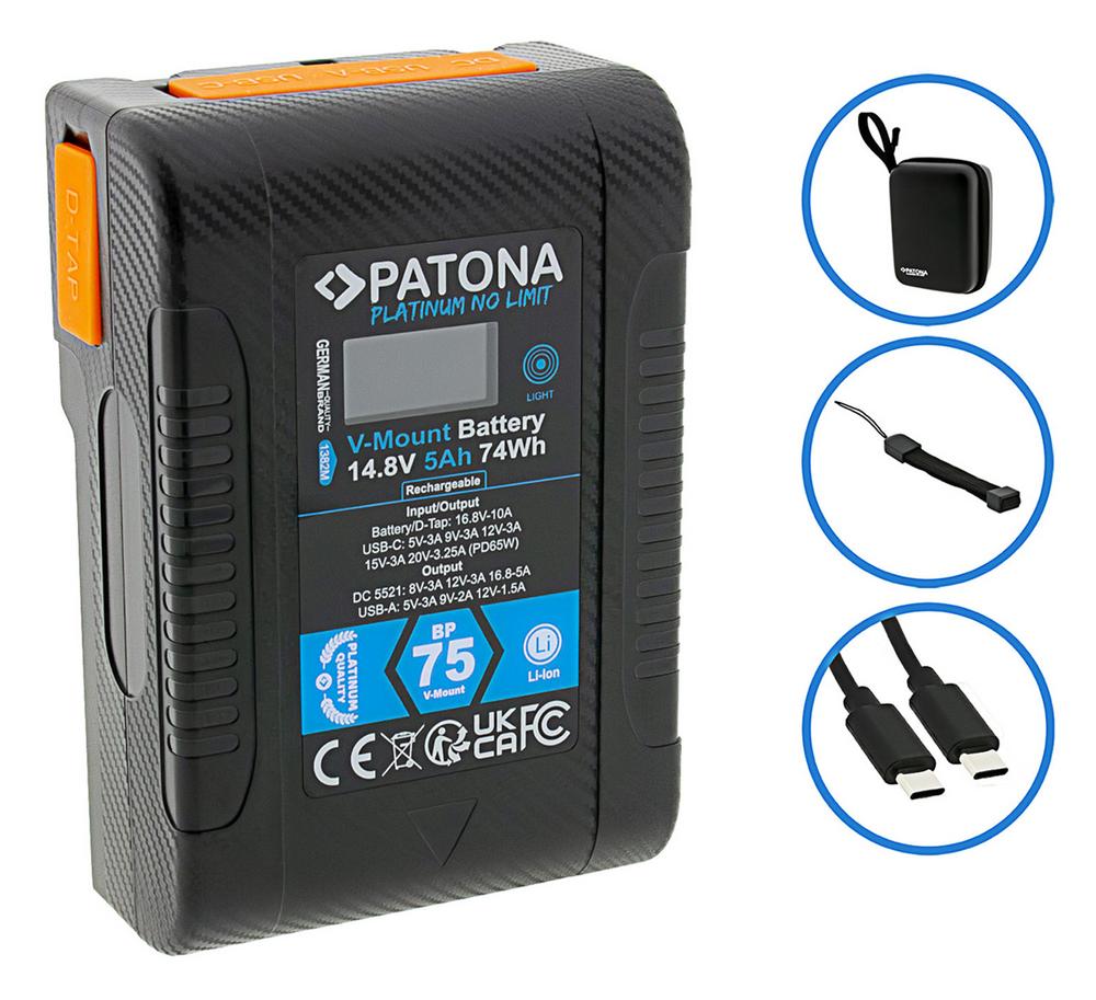 PATONA Platinum V‑Mount Akku BP‑75W PD65 74 Wh USB‑C USB‑A 2 x D‑Tap DC‑out inkl. Hardcase PATONA Platinum V‑Mount Akku BP‑75W PD65 74 Wh USB‑C USB‑A 2 x D‑Tap DC‑out inkl. Hardcase