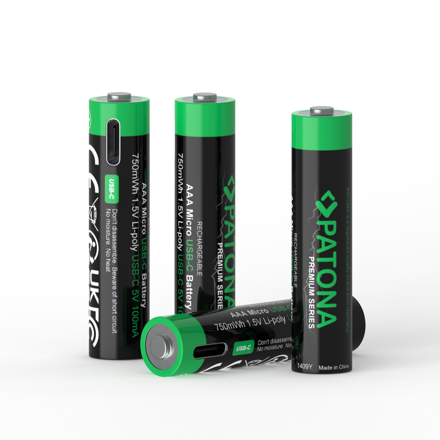 PATONA Premium USB-C 4x AAA Micro Akkus Lithium 750mWh 1.5V aufladbar mit 1 zu 2 USB-C Ladekabel