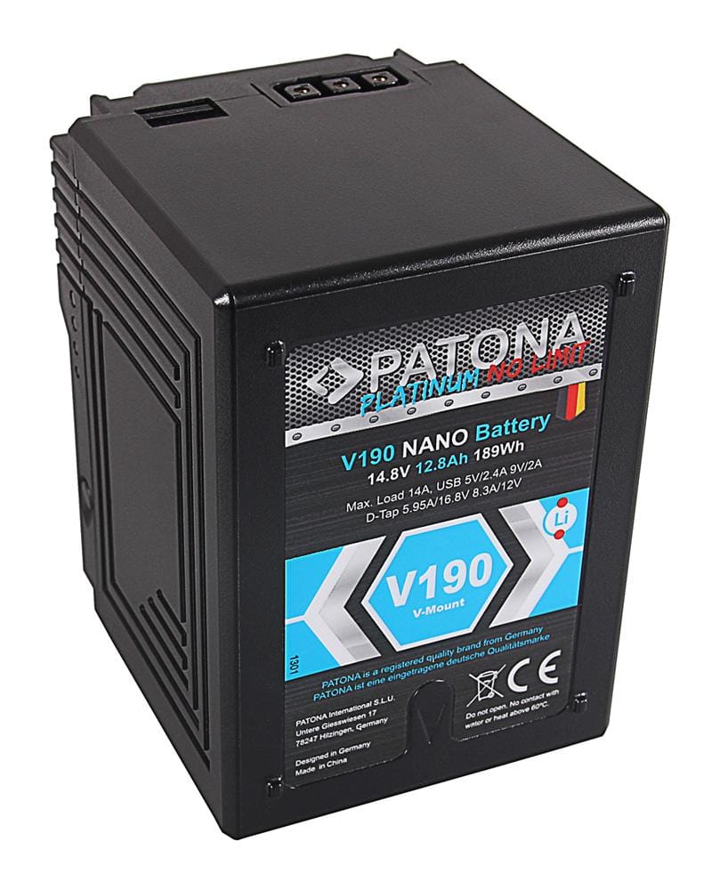 PATONA Platinum NANO V190 V‑Mount 189 Wh für Sony DSR 600P 650P 652P HDW 800P PDW 850 BP‑150w RED ARRI PATONA Platinum NANO V190 V‑Mount 189 Wh für Sony DSR 600P 650P 652P HDW 800P PDW 850 BP‑150w RED ARRI