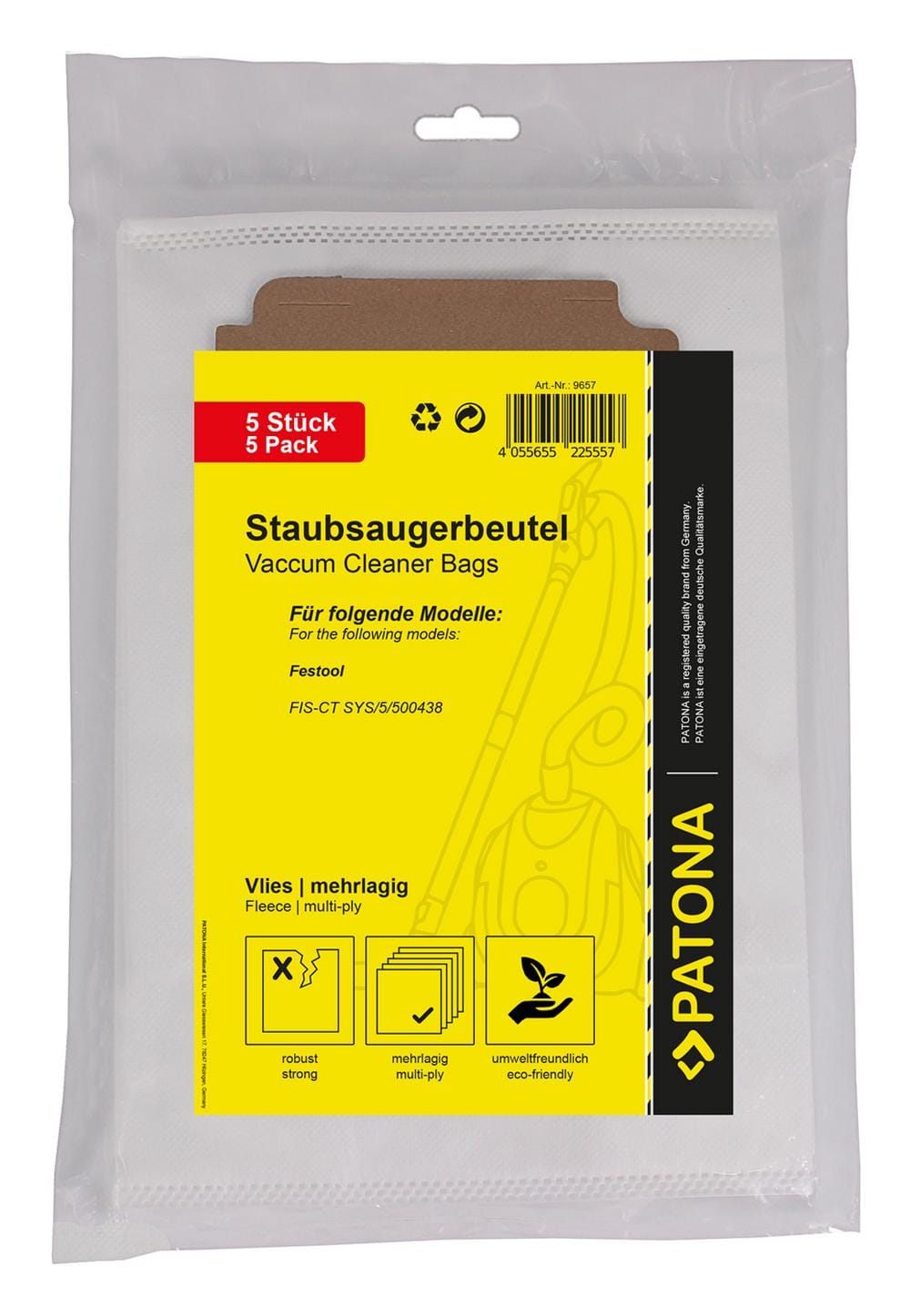 PATONA 5 Staubsaugerbeutel mehrlagig Vlies für Festool CT26 SC FIS CT SYS 5 496187 500438