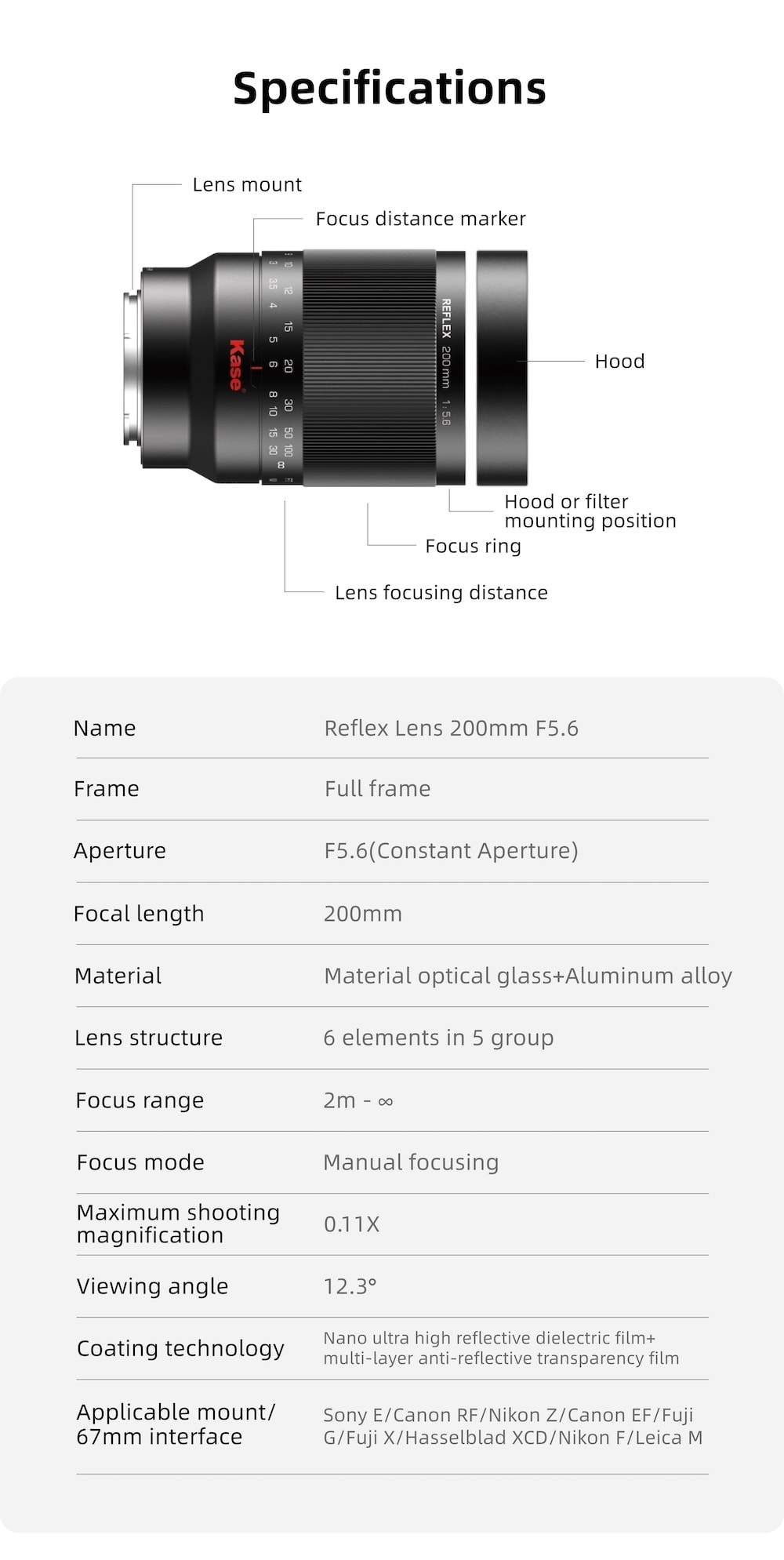 Reflex Lens Objektiv 200mm F5.6 Fujifilm X Mount Reflex Lens Objektiv 200mm F5.6 Fujifilm X Mount
