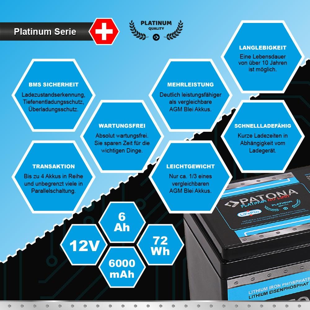 PATONA Platinum LiFePO4 Akku 12 V 6 Ah 72 Wh 6000 mAh