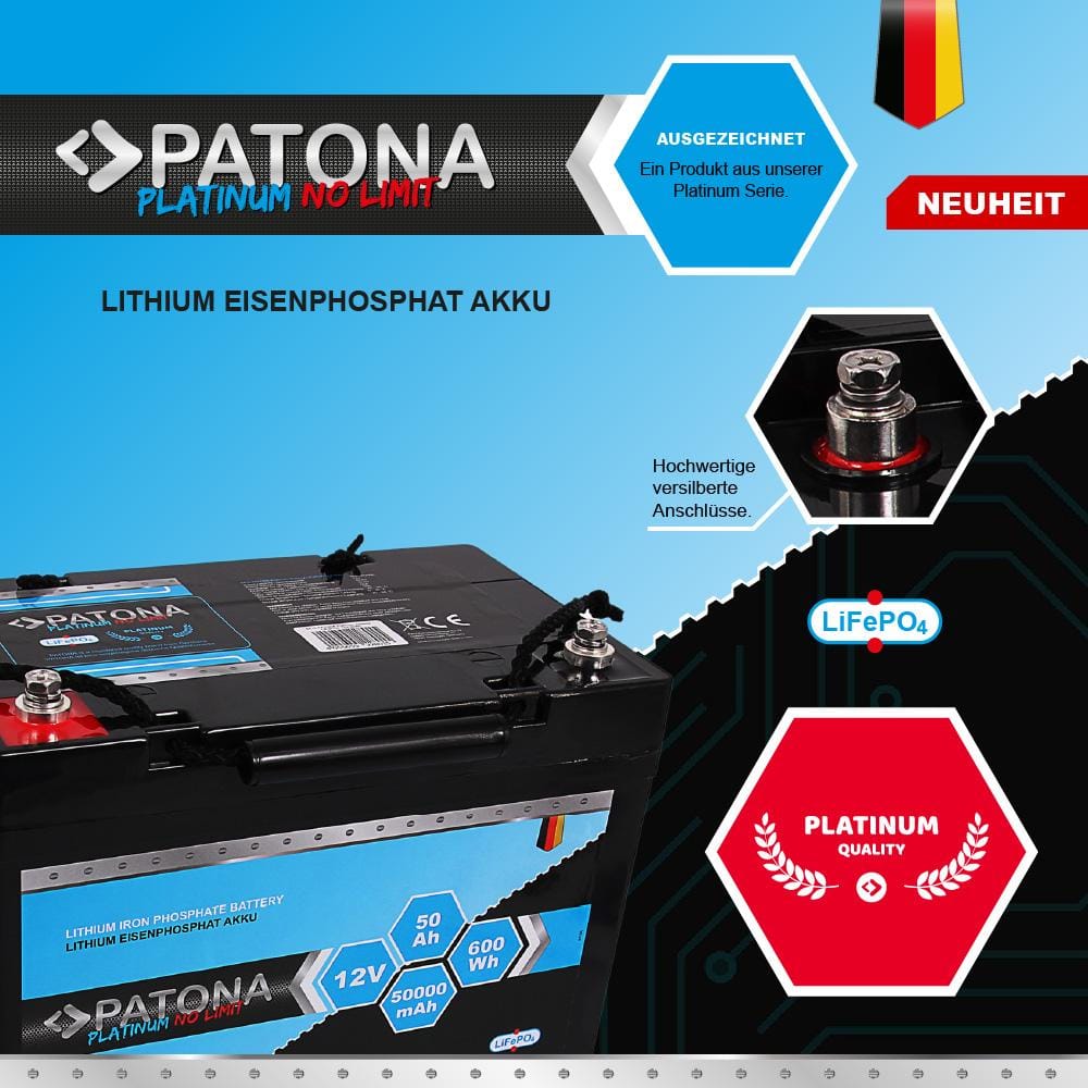 PATONA Platinum LiFePO4 12V 50Ah 600Wh 50 000 mAh Akku für Caravan, Boote, Solarsysteme, Gabelstapler und Elektrofahrzeuge PATONA Platinum LiFePO4 12V 50Ah 600Wh 50 000 mAh Akku für Caravan, Boote, Solarsysteme, Gabelstapler und Elektrofahrzeuge