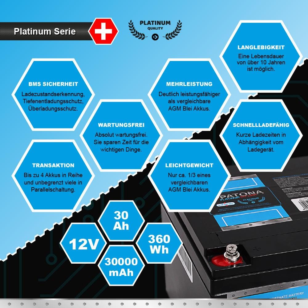 PATONA Platinum LiFePO4 Akku 12V 30Ah 360Wh 30.000mAh PATONA Platinum LiFePO4 Akku 12V 30Ah 360Wh 30.000mAh