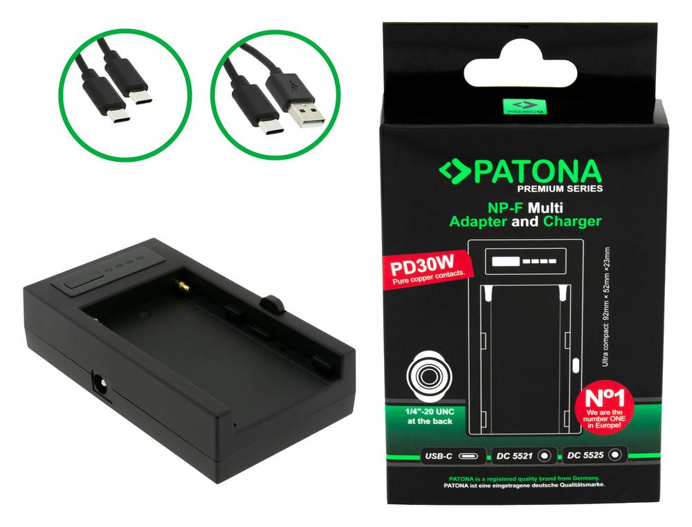 PATONA Premium Multi Adapter & Charger für Sony NP-F Serie PD30W USB-C DC5521 DC5525 DC8V 12V