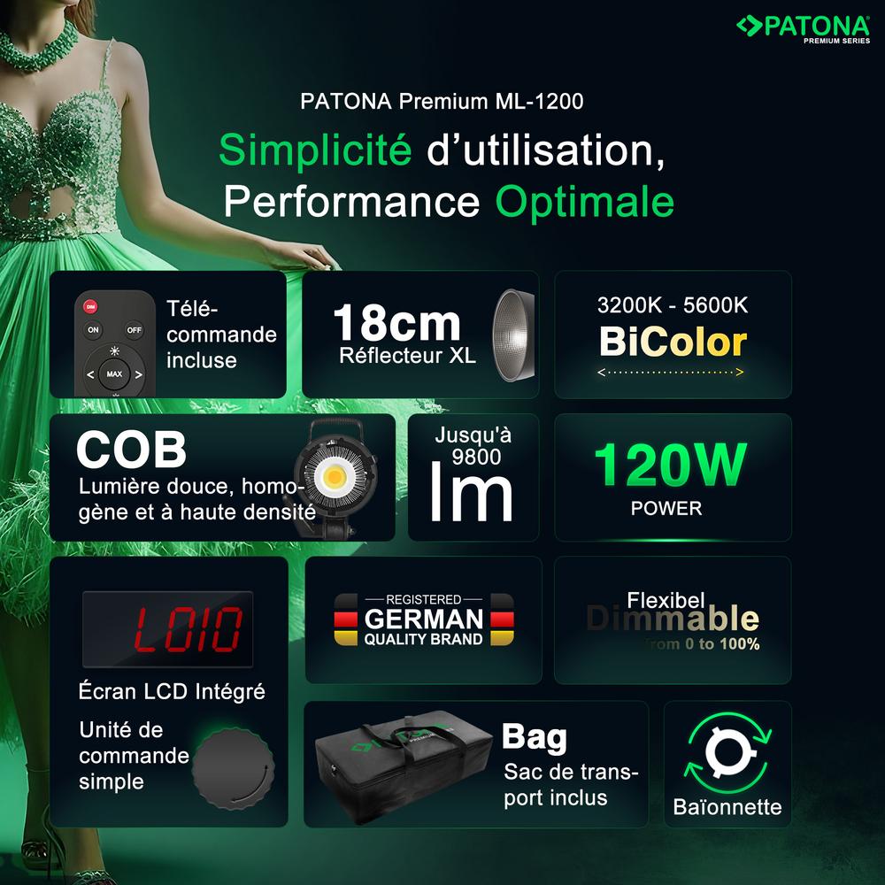 PATONA Premium COB LED Light ML-1200 120W Bi-Color für Foto- und Videoproduktionen inkl. Tragetasche PATONA Premium COB LED Light ML-1200 120W Bi-Color für Foto- und Videoproduktionen inkl. Tragetasche
