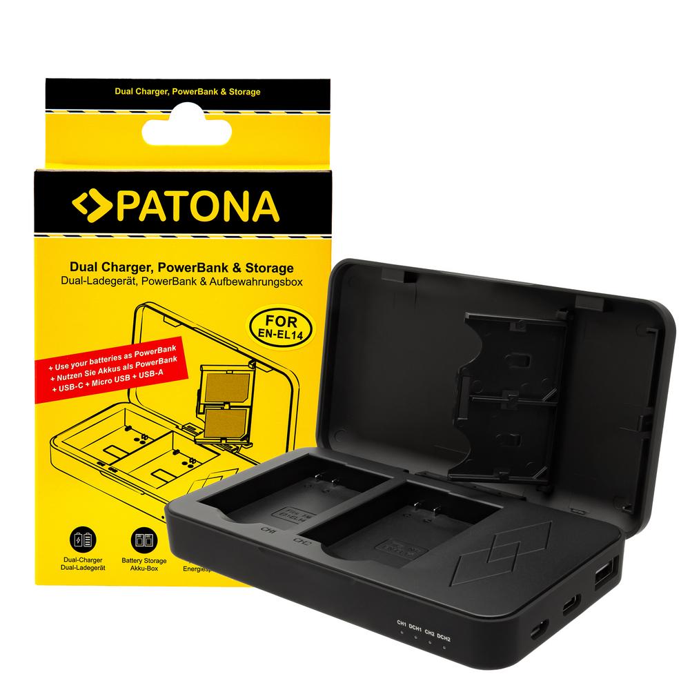 PATONA Dual Ladegerät für Nikon EN-EL14 P7000 P7100 P7700 D3100 mit Powerbankfunktion und Speicherkarte