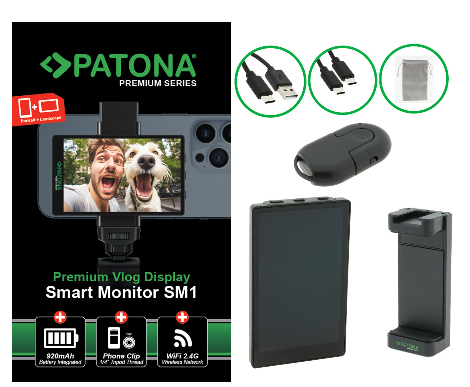 PATONA Premium Vlog Display Smart Monitor SM1 – Externer Selfie‑Monitor für Smartphone‑Kamera