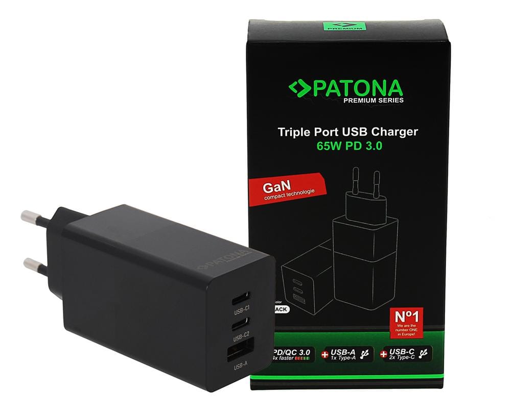 PATONA Premium GaN PD65W Adapter schwarz 2 x USB‑C 1 x USB‑A PD3.0 QC3.0 PATONA Premium GaN PD65W Adapter schwarz 2 x USB‑C 1 x USB‑A PD3.0 QC3.0