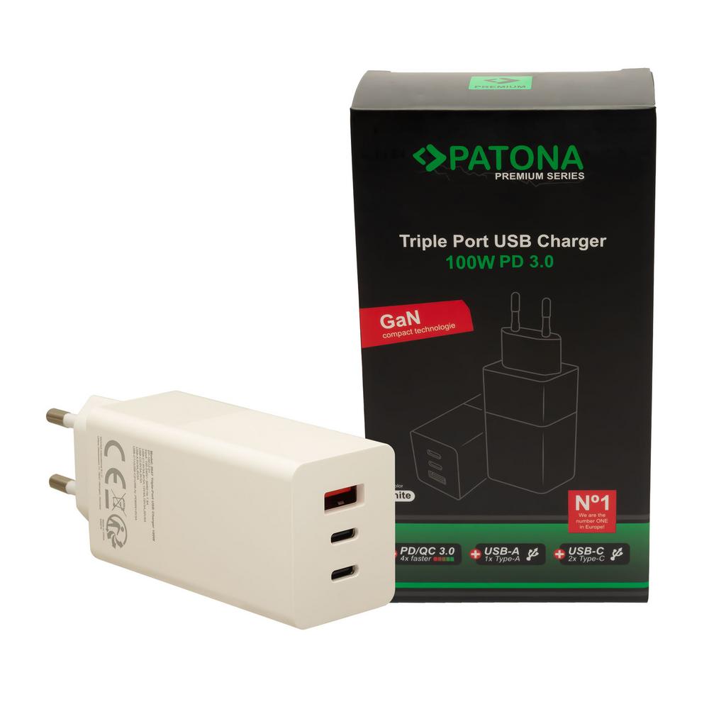 PATONA Premium GaN PD100W Adapter weiß 2 USB‑C Anschlüsse 1 USB‑A Anschluss PD3.0 QC3.0