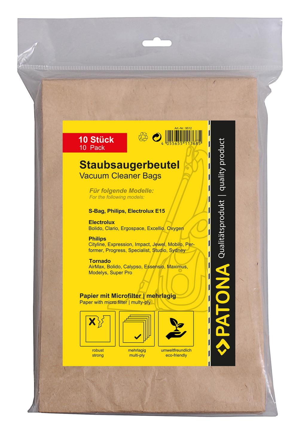 PATONA 10 Staubsaugerbeutel mehrlagig Papier inkl. Microfilter für Electrolux E15