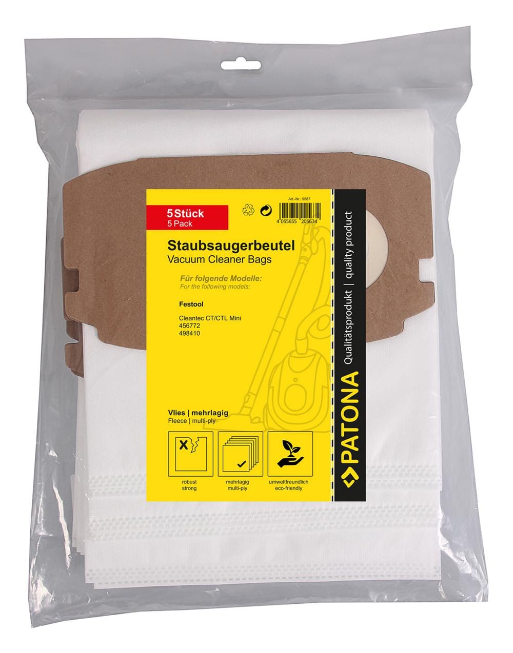 PATONA 5 Staubsaugerbeutel mehrlagig Vlies für Festool Cleantec CT CTL Mini 456772 498410 bis Baujahr 2018 PATONA 5 Staubsaugerbeutel mehrlagig Vlies für Festool Cleantec CT CTL Mini 456772 498410 bis Baujahr 2018