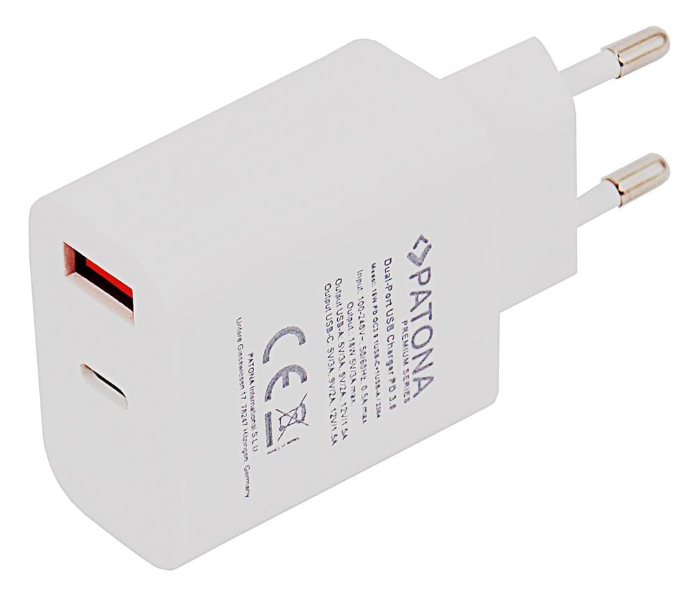 PATONA Premium PD18W Adapter 5V 3.0A 9V 2.0A 12V 1.5A 1x USB‑C 1x USB‑A PD3.0 QC3.0 weiß