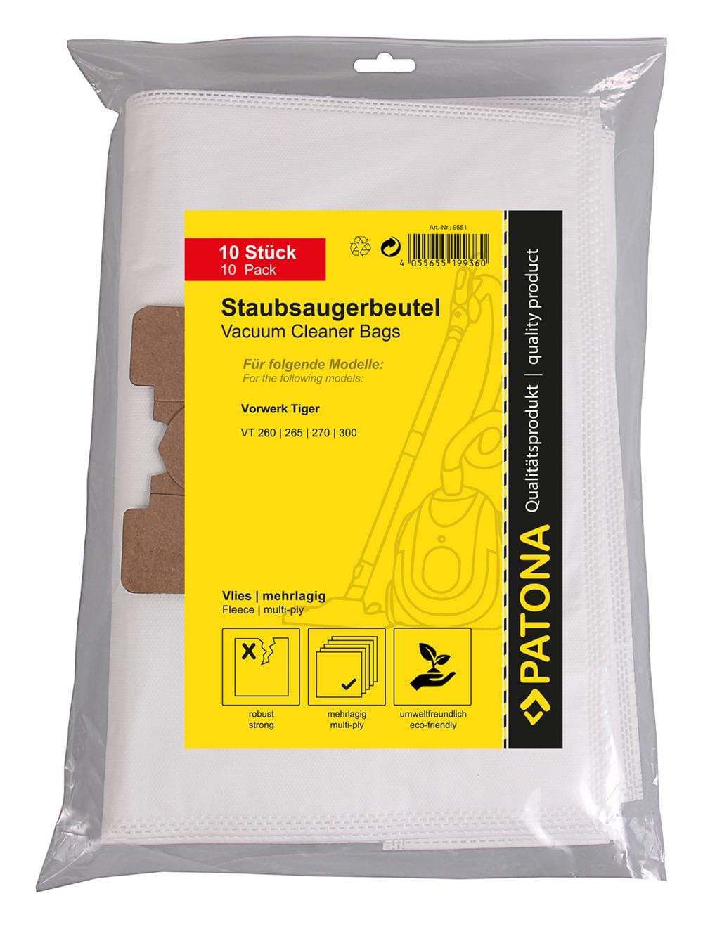 PATONA 10 Staubsaugerbeutel mehrlagig Vlies für Vorwerk Tiger VT260 VT265 VT270 VT300 PATONA 10 Staubsaugerbeutel mehrlagig Vlies für Vorwerk Tiger VT260 VT265 VT270 VT300