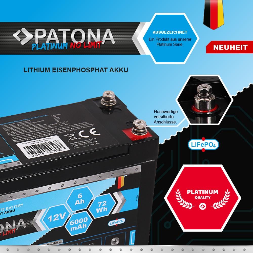 PATONA Platinum LiFePO4 Akku 12 V 6 Ah 72 Wh 6000 mAh