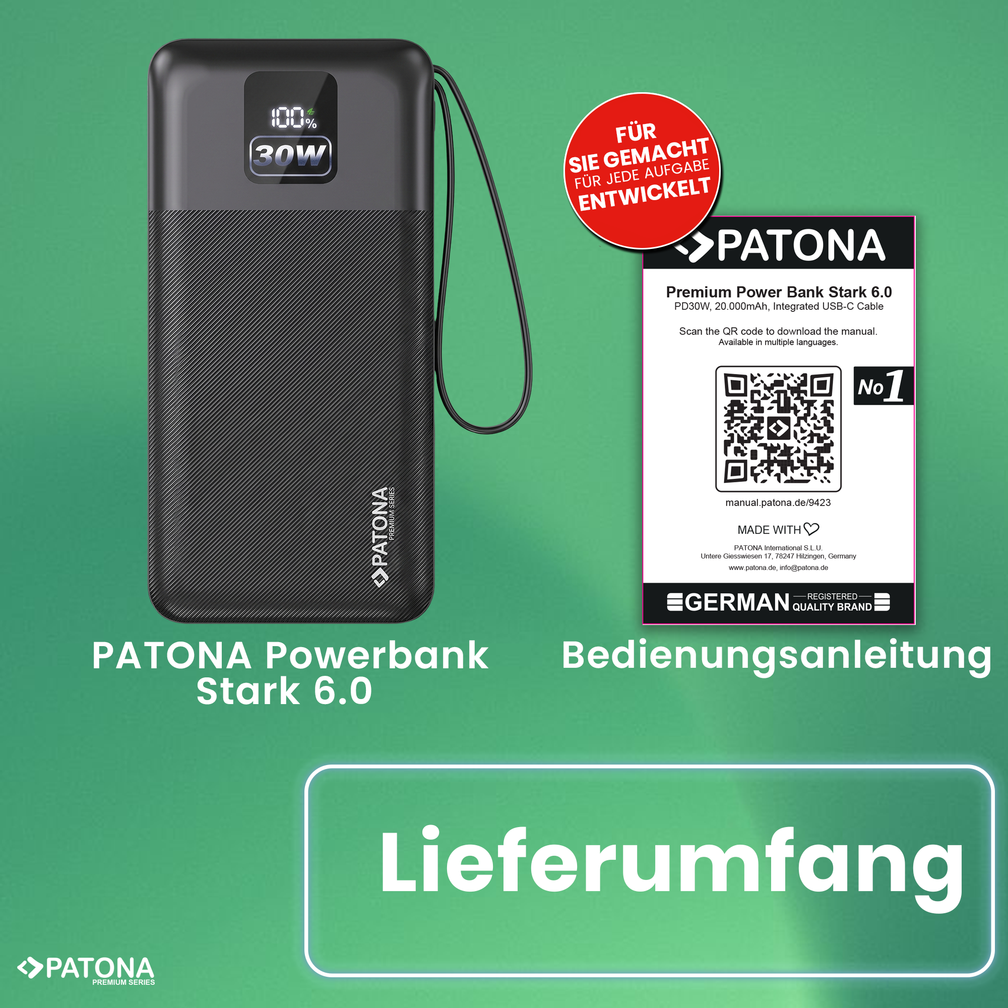PATONA Premium Powerbank Stark 6.0 PD 30 W 20.000 mAh mit integriertem USB-C-Kabel