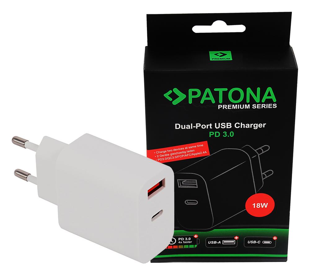 PATONA Premium PD18W Adapter 5V 3.0A 9V 2.0A 12V 1.5A 1x USB‑C 1x USB‑A PD3.0 QC3.0 weiß