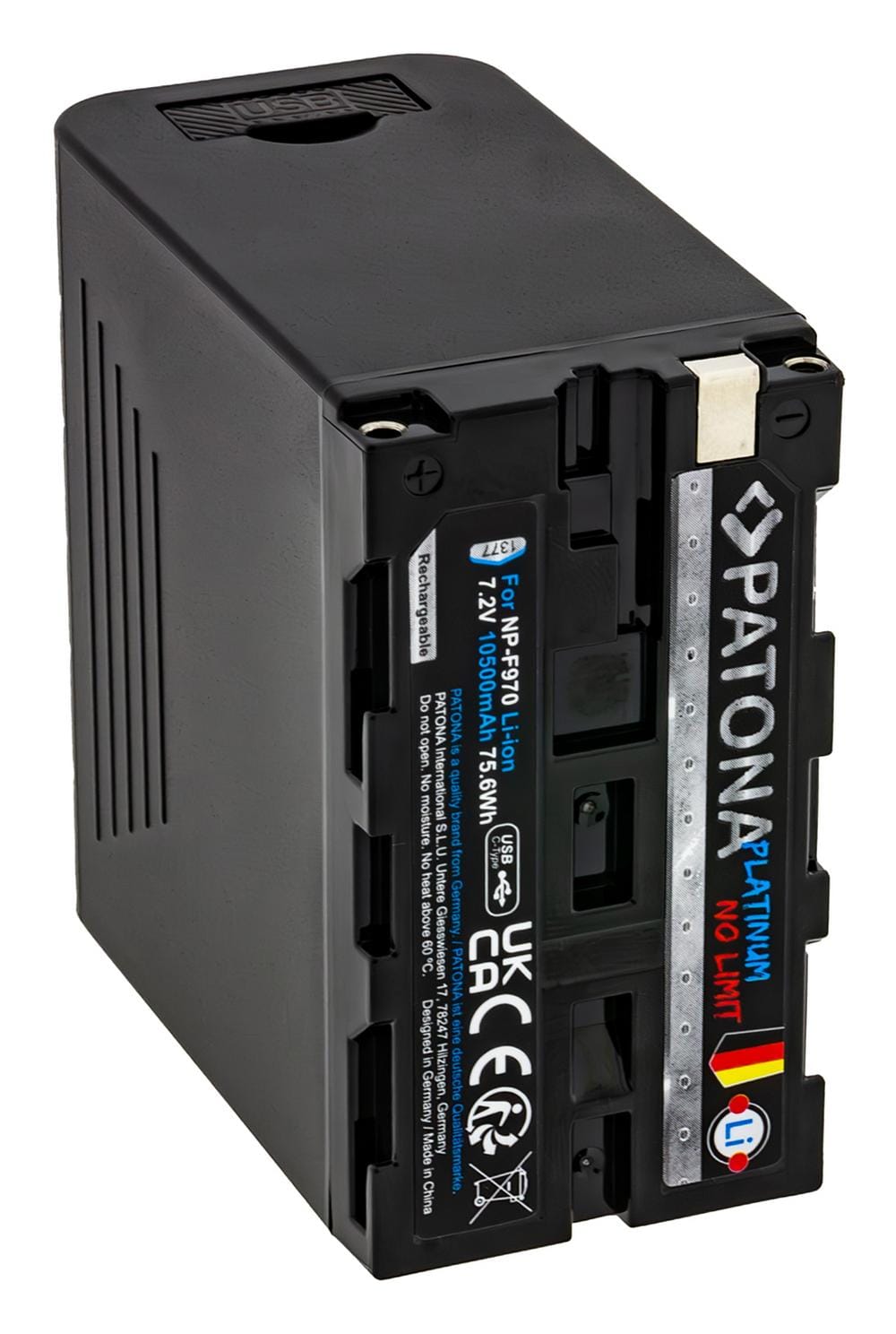 PATONA Platinum Akku mit PD36W USB-C in/out für Sony NP-F970 F960 F950 USB-A 5V/2A