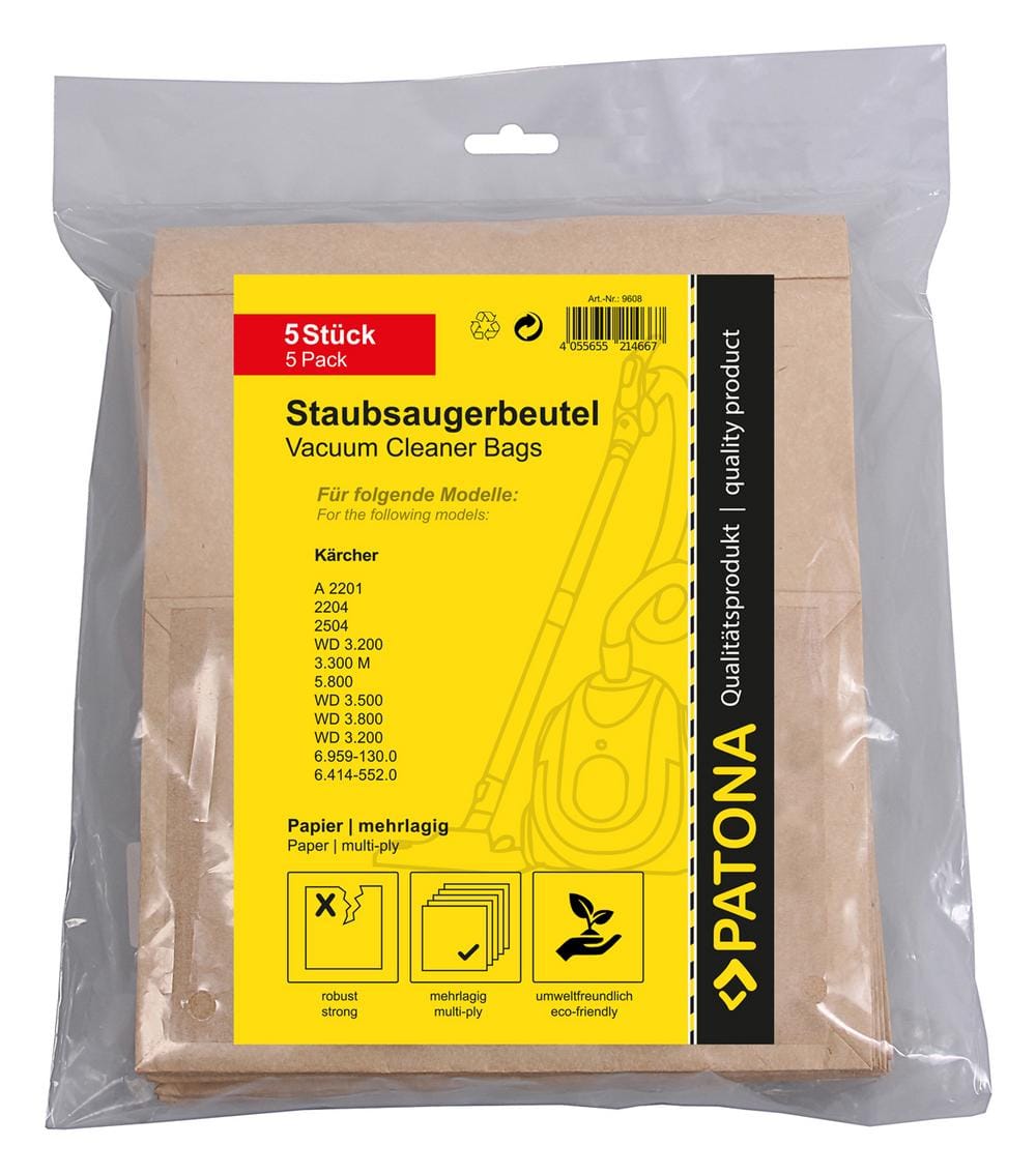 PATONA 5 Staubsaugerbeutel aus mehrlagigem Papier für Kärcher A 2201 2204 2504 3.300M 5.800 WD 3.200 3.500 PATONA 5 Staubsaugerbeutel aus mehrlagigem Papier für Kärcher A 2201 2204 2504 3.300M 5.800 WD 3.200 3.500