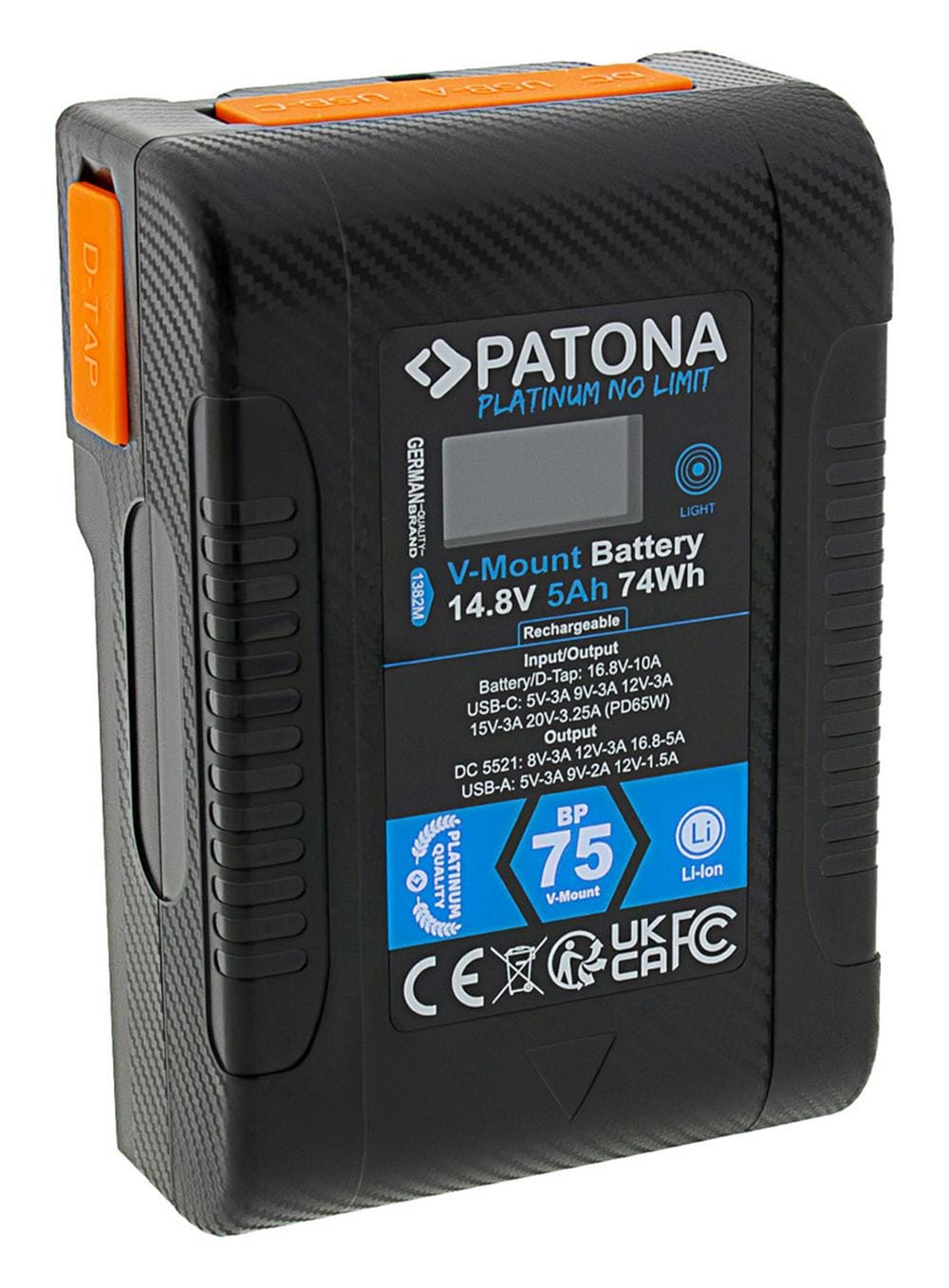 PATONA Platinum V‑Mount Akku BP‑75W PD65 74 Wh USB‑C USB‑A 2 x D‑Tap DC‑out inkl. Hardcase