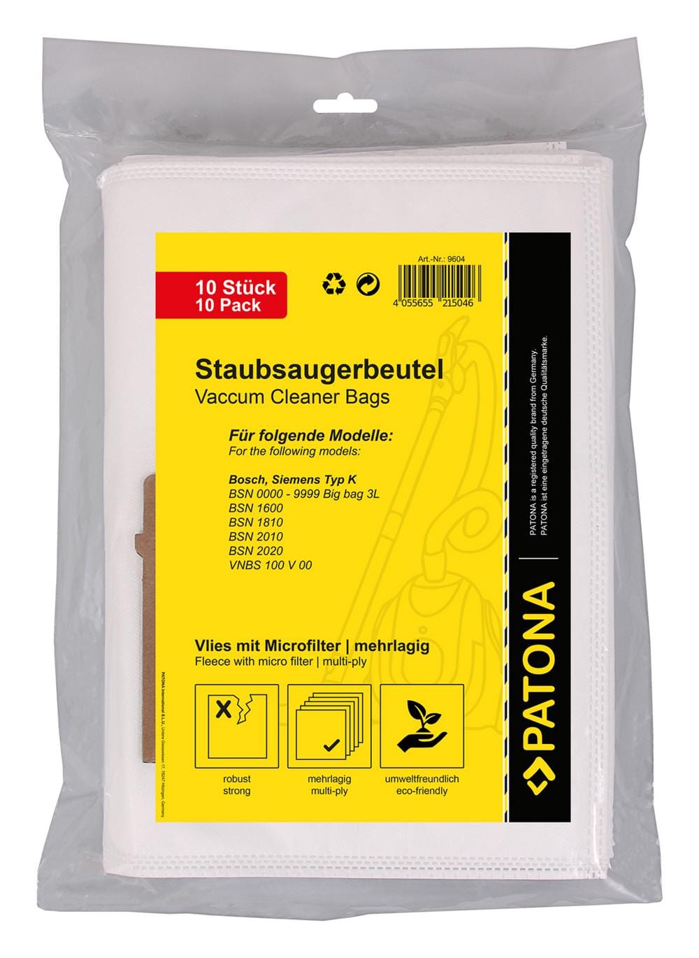 PATONA 10 Staubsaugerbeutel mehrlagig Vlies für Siemens Typ K Bosch BSN 1600 1810 2010 2020 PATONA 10 Staubsaugerbeutel mehrlagig Vlies für Siemens Typ K Bosch BSN 1600 1810 2010 2020