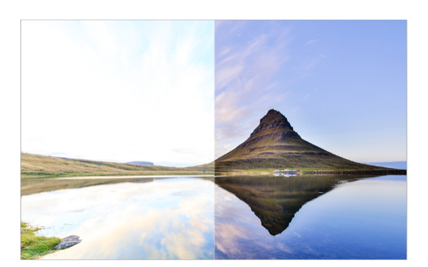 comparison of a landscape picture featuring a lake, a mountain and the sky taken with and without a GND filter