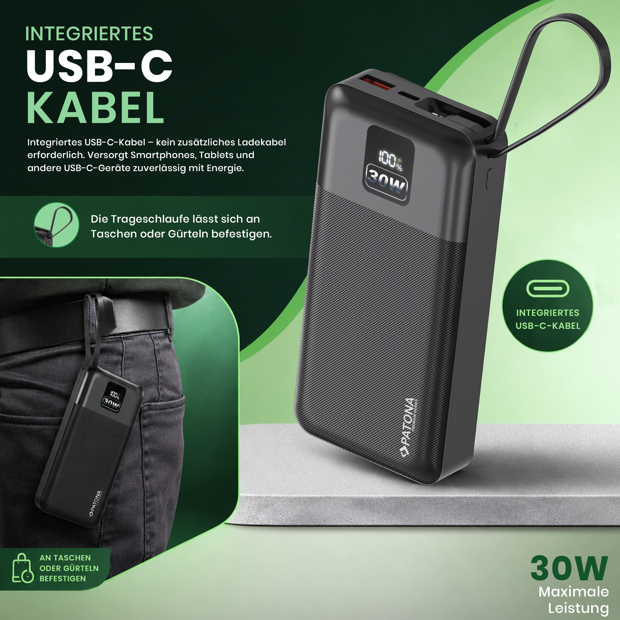 PATONA Premium Powerbank Stark 6.0 PD 30 W 20.000 mAh mit integriertem USB-C-Kabel