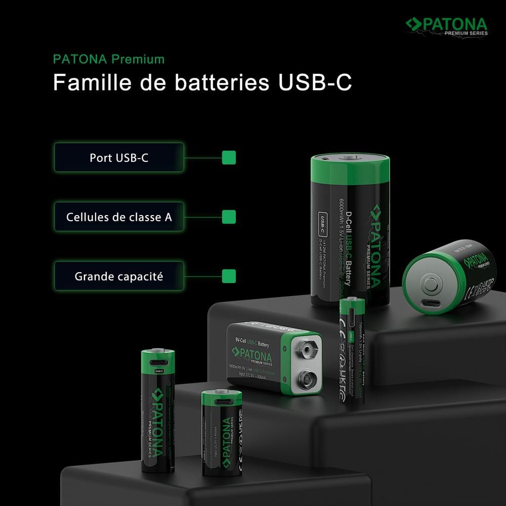PATONA Premium USB-C 2‑x 9 V Block-Akkus 6F22 Lithium 3600 mWh 1,5 V aufladbar inkl. 1‑zu‑2 USB-C Kabel