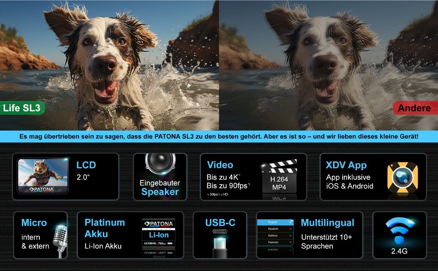 PATONA Platinum Action Cam Life SL3 4K 120fps 16mp 120° 4G+IR RC Wifi APP viel Zubehör