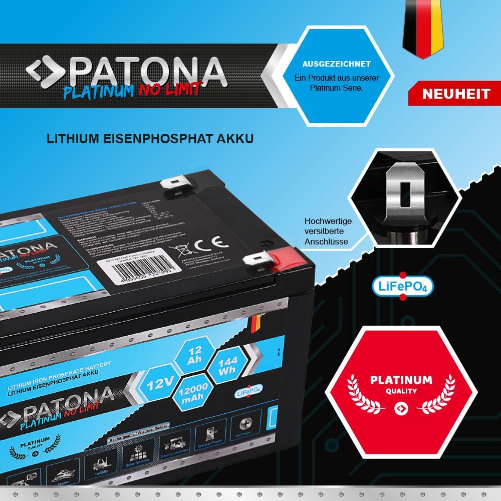 PATONA Platinum LiFePO4 Akku 12 V 12 Ah 144 Wh 12 000 mAh PATONA Platinum LiFePO4 Akku 12 V 12 Ah 144 Wh 12 000 mAh