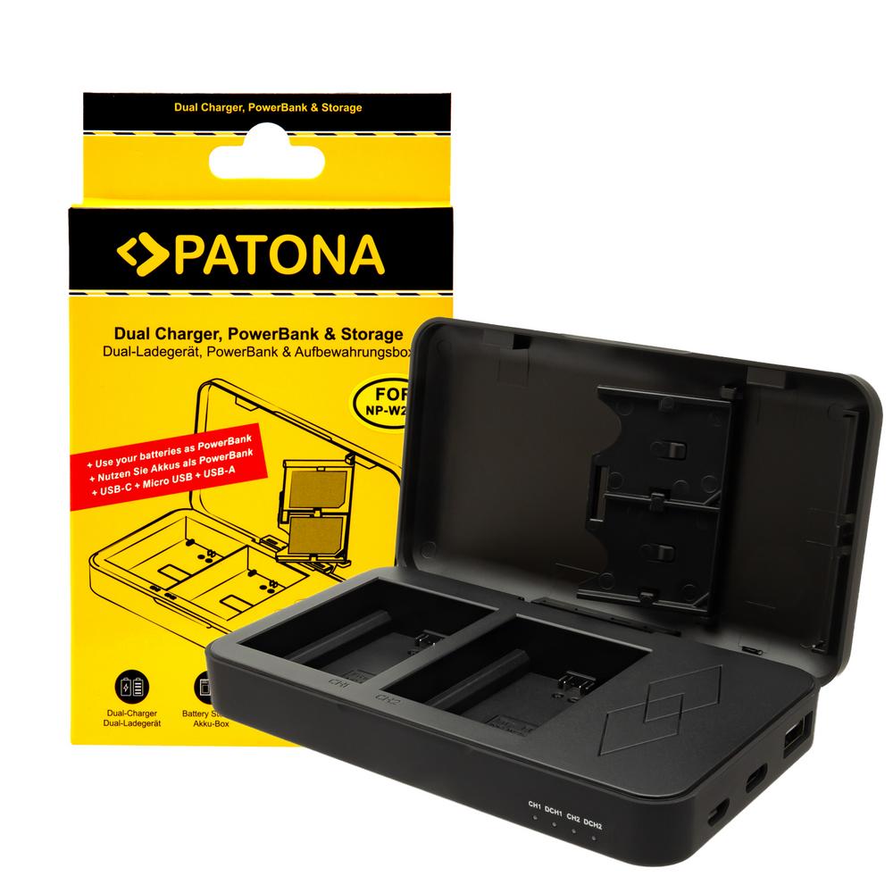 PATONA Dual Ladegerät für Fuji NP-W235 XT4 X-T4 mit Powerbankfunktion und Speicherkartenaufbewahrung