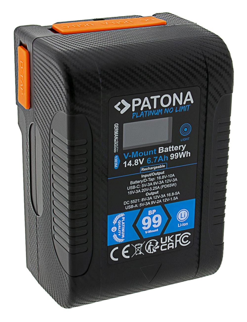 PATONA Platinum V-Mount Akku BP-99W PD65 99Wh USB-C USB-A 2x D-Tap DC-out inkl. Hardcase