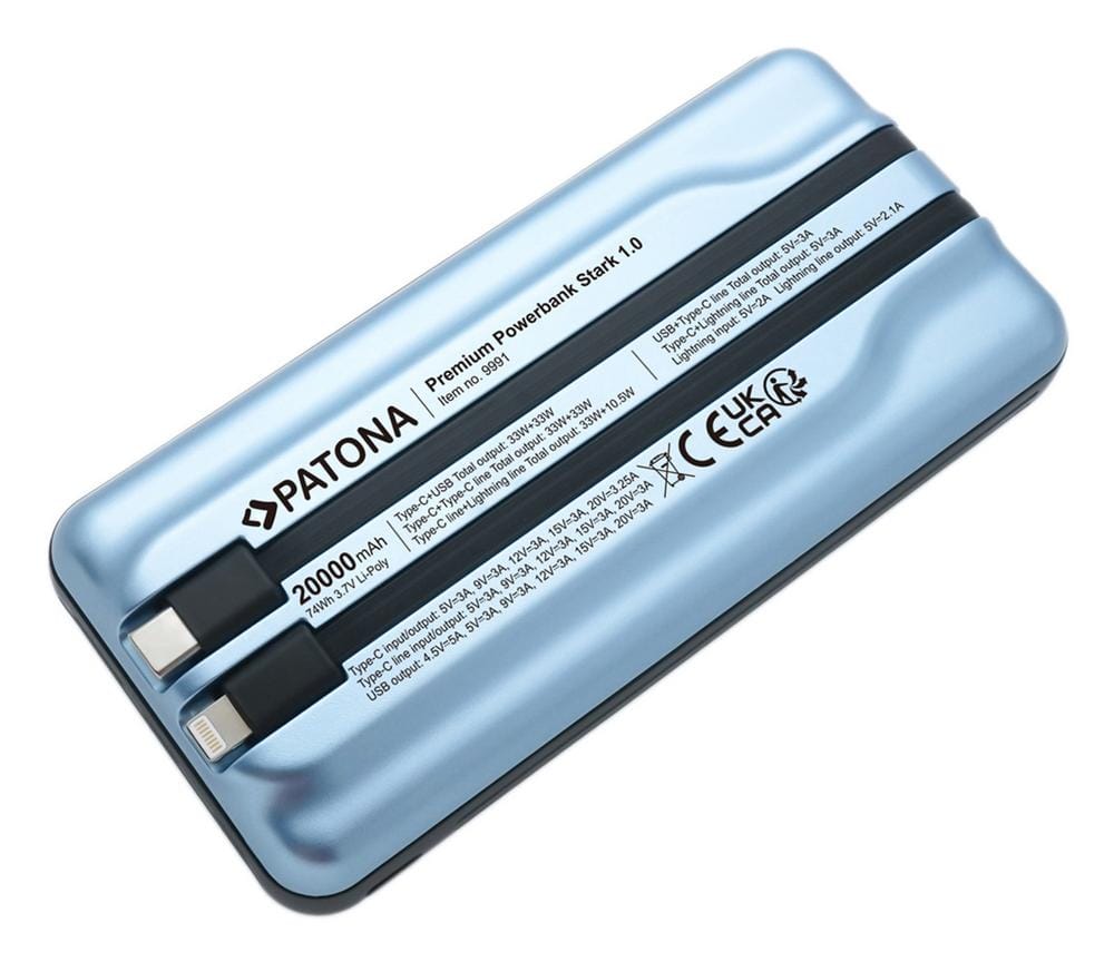 PATONA Premium Powerbank Stark 1.0 PD65W 20.000 mAh mit 2 integrierten Ladekabeln USB‑C und Lightning