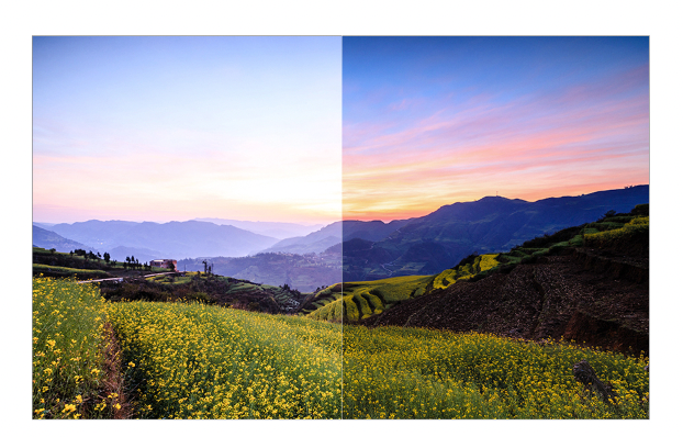 comparison of a landscape picture featuring hills and the sky taken with and without a GND filter