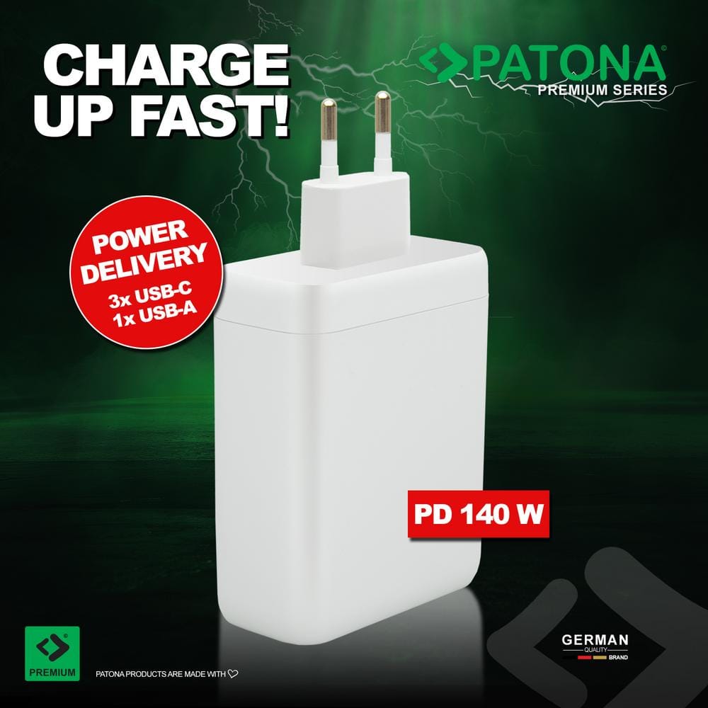 PATONA Premium GaN PD140W Adapter in Weiß mit 3 USB‑C Anschlüssen und 1 USB‑A Anschluss PD3.0 QC3.0